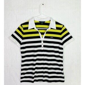 Women's Vintage Y2K Ralph Lauren Striped Polo Shirt Top Sz L Large Black Yellow